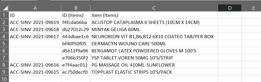 Child Table Export