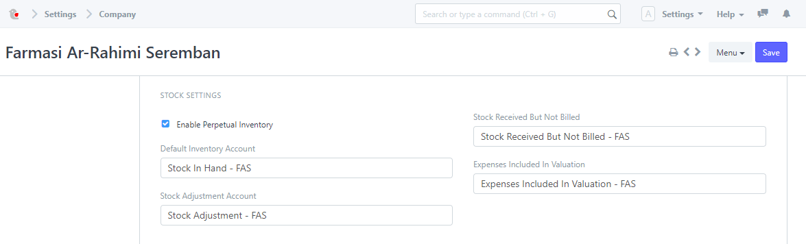 Stock Settings in Company
