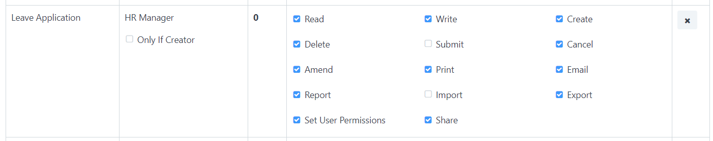 Giving Submit and Cancel permissions to HR Manager for Leave Applications. &#39;Apply User Permissions&#39; is unchecked to give full access.