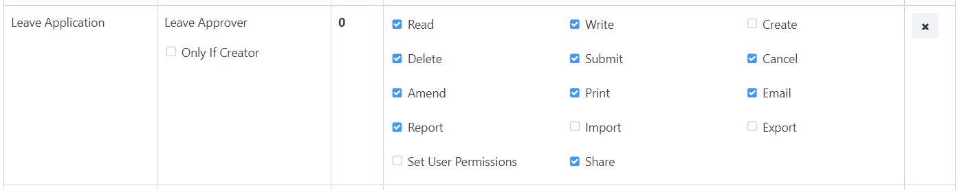 Giving Read, Write and Submit permissions to Leave Approver for Leave Applications.&#39;Apply User Permissions&#39; is checked to limit access based on Employee.