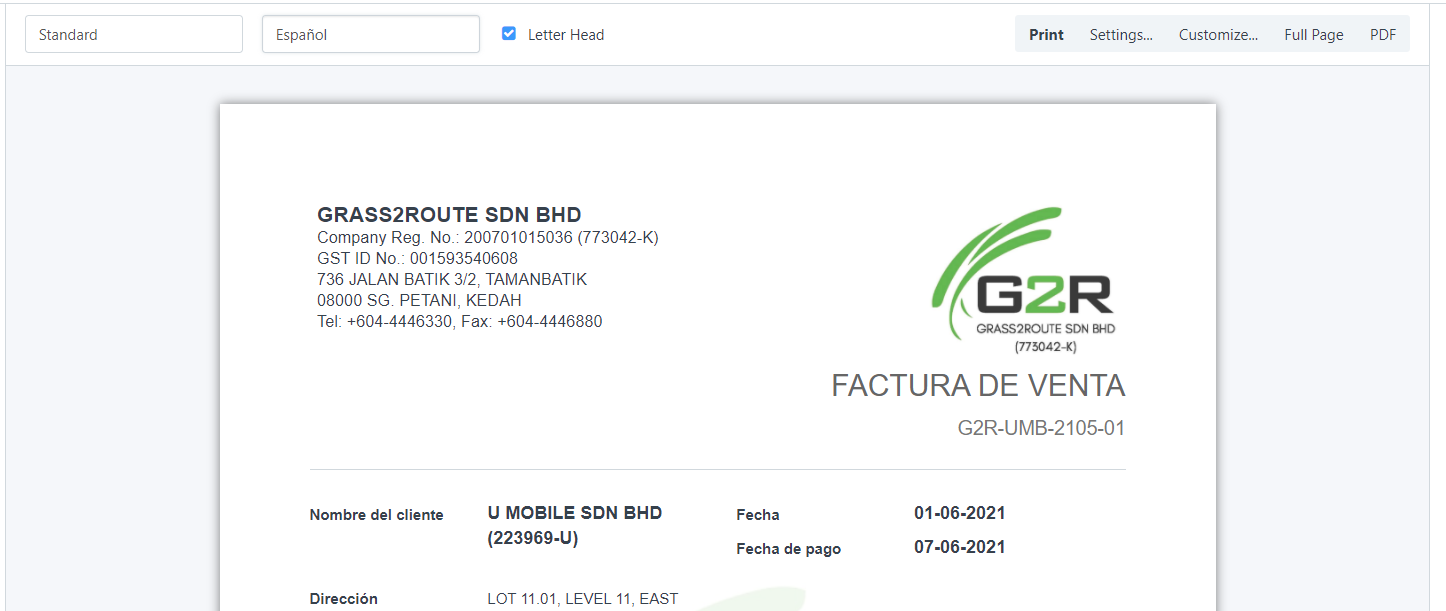 Customer Invoice print preview in customer&#39;s default language.